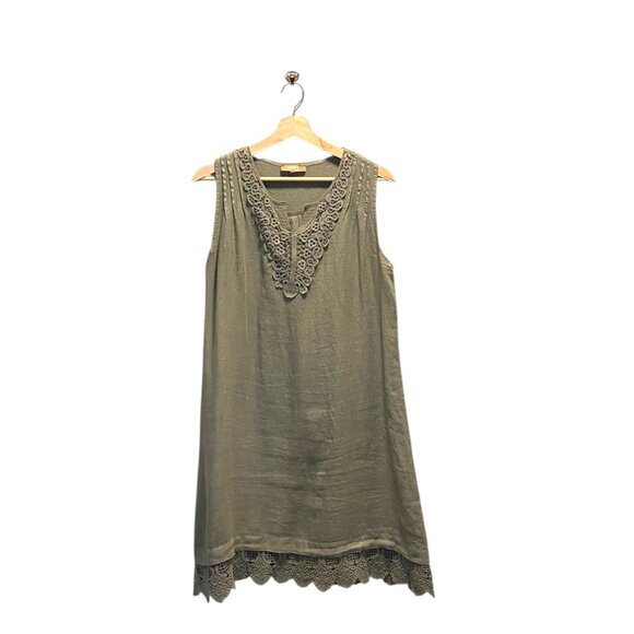 Carla Conti Y2K Linen Shift Dress Olive Green Size M Coastal Summer Beach Boho - Picture 2 of 13